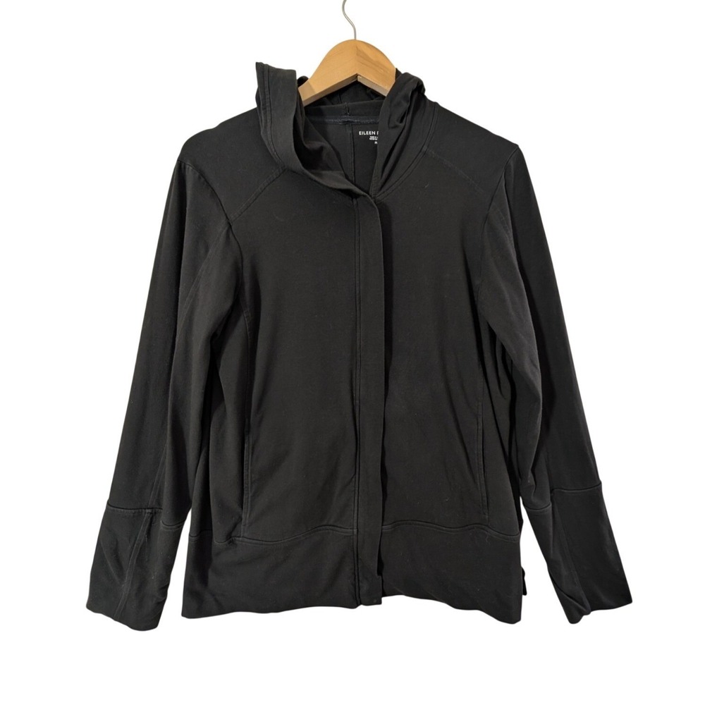 Eileen Fisher Full Zip Hoodie‎ Jacket Womens M Black Organic Cotton Minimalist